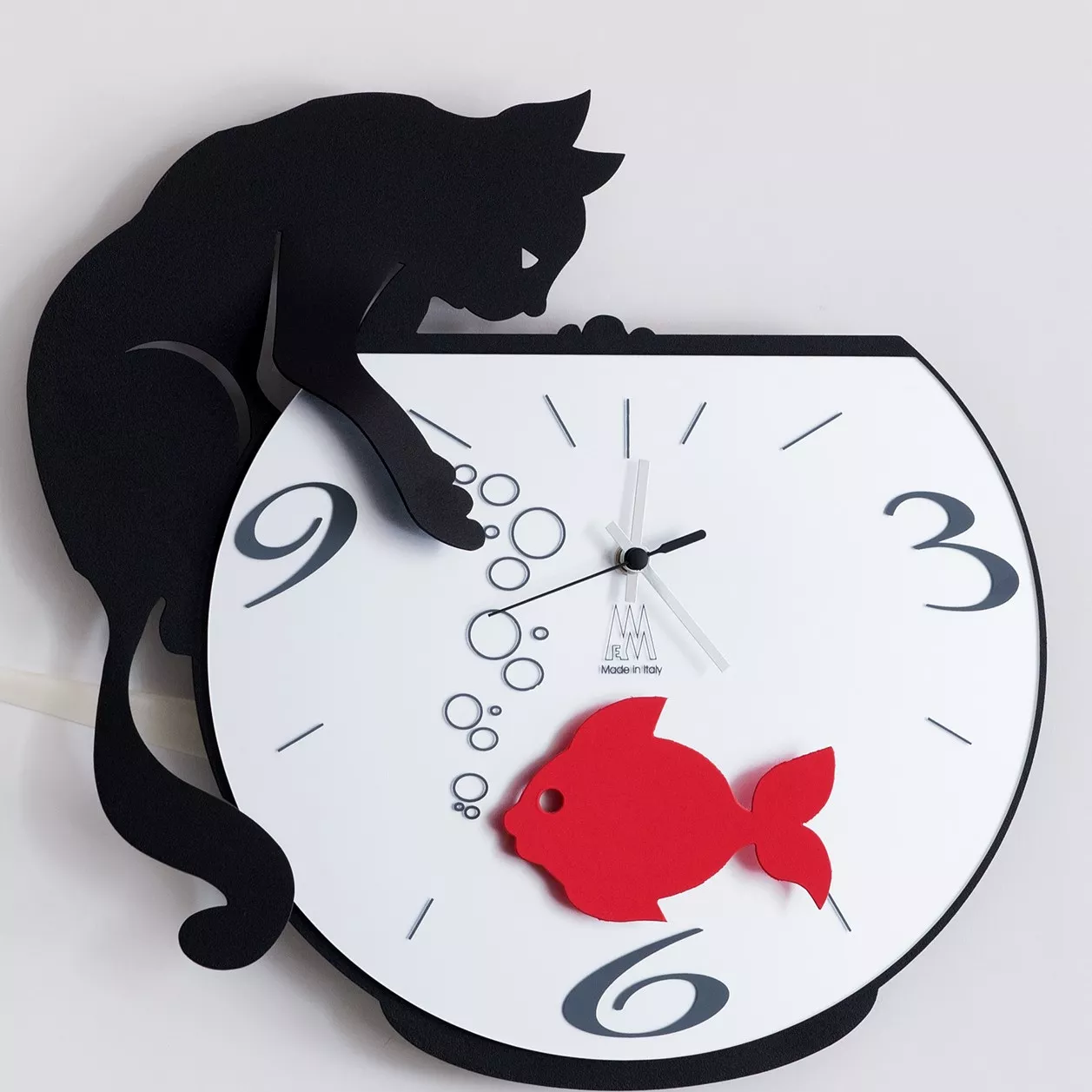 Orologio da parete gatto con pesce rosso nero moderno - 466F
