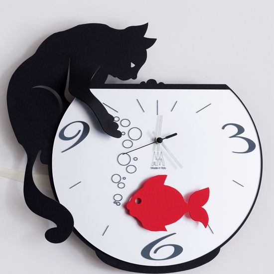 Orologio da parete gatto con pesce rosso nero moderno