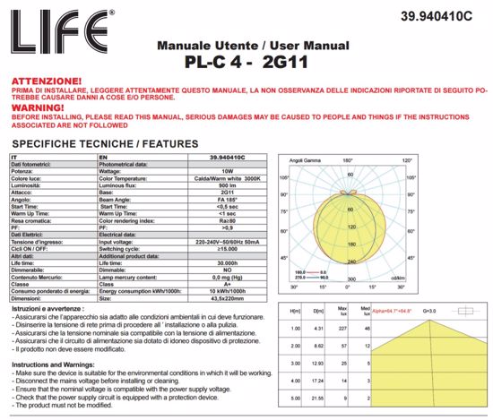 Life lampadina led 2g11 10w 950lm 3000k luce bianco calda cod. 39.940410c