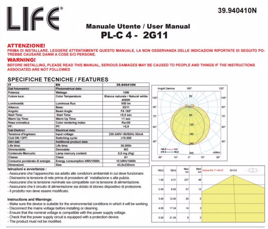 Lampada life 2g11 led 10w 1000 lumen 4000k luce naturale cod. 39.940410n