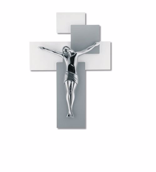 Crocifisso da parete 60x40 moderno cristo argentato bianco grigio