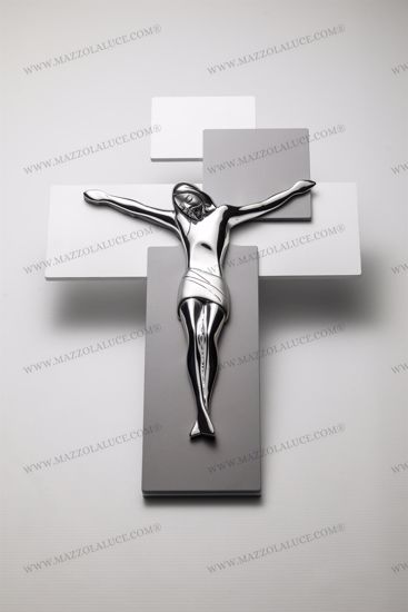 Crocifisso da parete 60x40 moderno cristo argentato bianco grigio