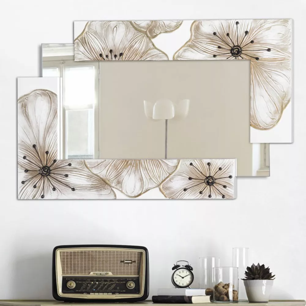 Specchio da parete floreale decorativo cornice legno bianco beige nero  120x80 - 3269