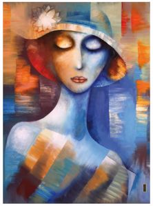 Quadro moderno figurativo astratto donna con cappello 100x150cm