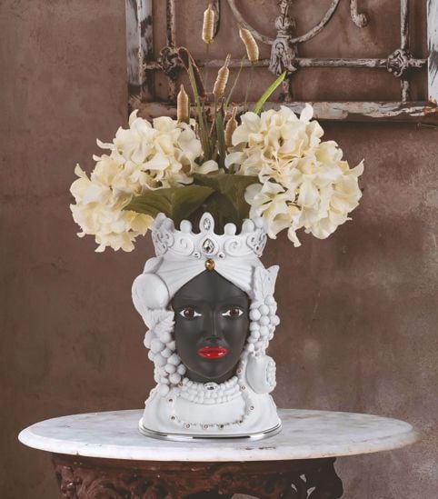 Testa di moro da tavolo femminile 28cm vaso ceramica bianco nero