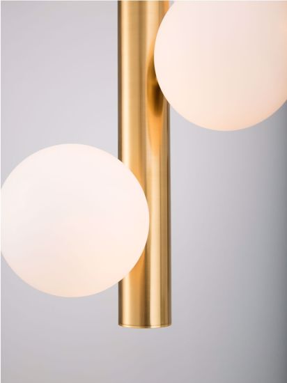 Lampada moderna a sospensione verticale oro 5 sfere bianche