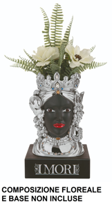 Scultura testa di moro femminile da tavolo 28cm nero argento vaso soprammobile