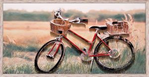 Quadro dipinto a mano su tela la bicicletta artistico 125x65 cornice in legno