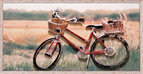 Quadro dipinto a mano su tela la bicicletta artistico 125x65 cornice in legno