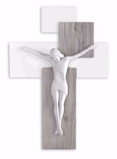 Crocifisso da parete 42x30 croce rovere moderno cristo gesso bianco
