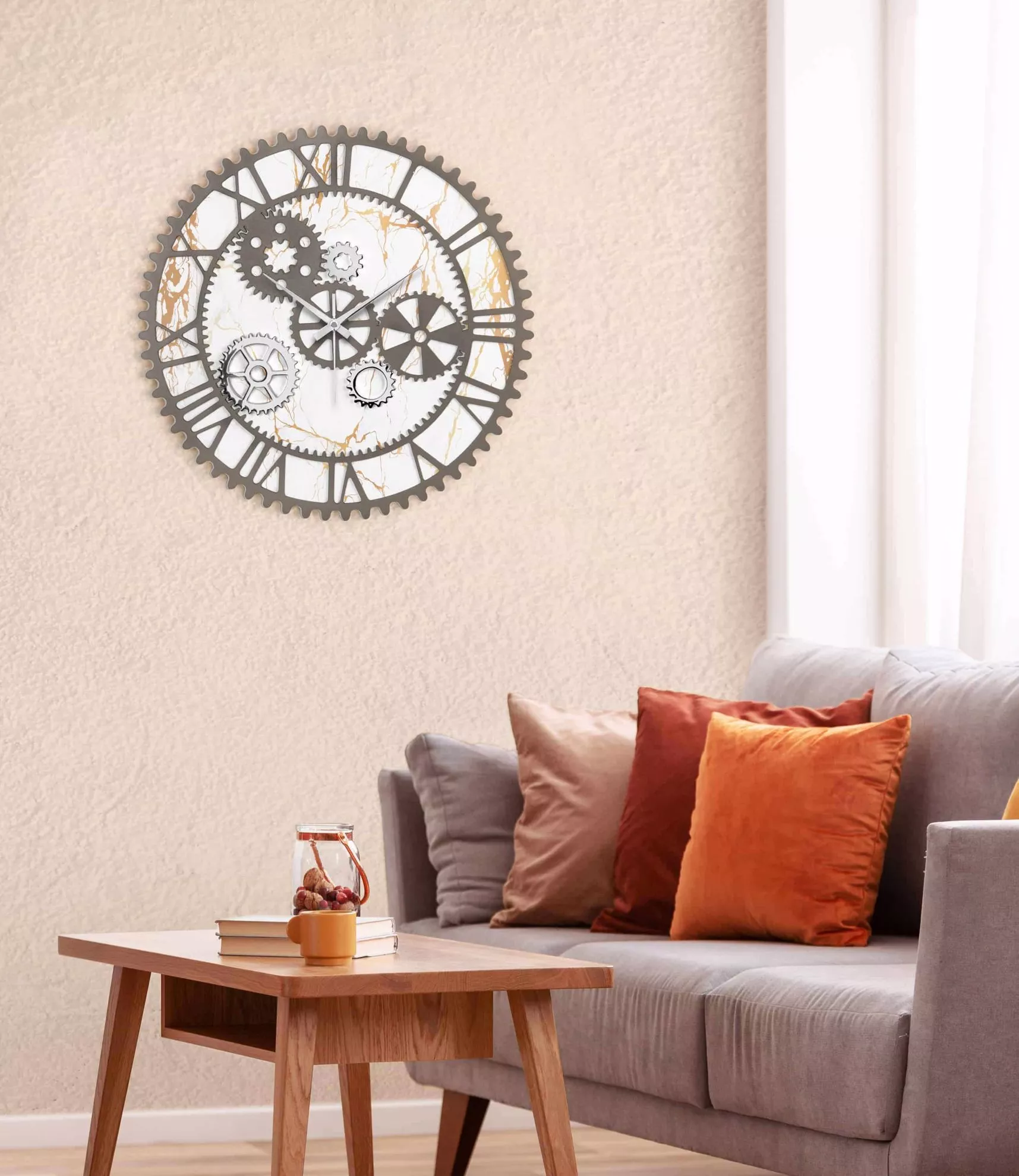 Orologio da parete ingranaggi rotondo legno effetto marmo moderno - 615F