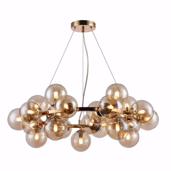 Lampadario design moderno per soggiorno metallo oro sfere vetro ambra trasparente