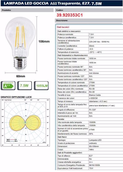 Life lampadina trasparente led filamento e27 7,5w 2700k 1055lm 39.920353c1