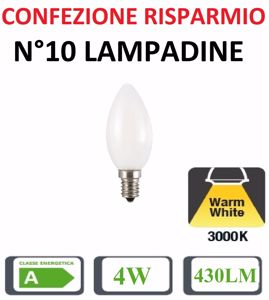 Confezione risparmio n10 lampadine e14 led 4w 3000k 430lm oliva bianca promozione