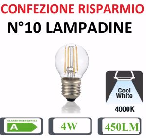 Confezione risparmio n10 lampadine led e27 4w 4000k 450lm bulbo piccolo sfera trasparente