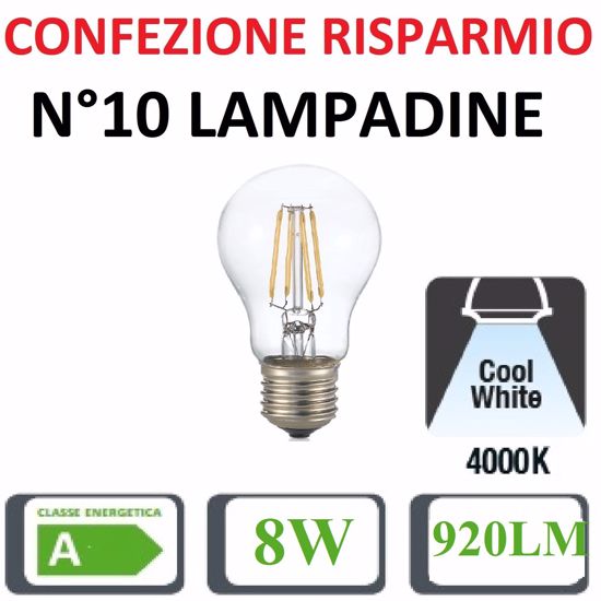 Confezione risparmio n10 lampadine led e27 8w 4000k 920lm goccia trasparente