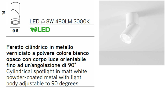 Faretto led orientabile metallo bianco 8w 3000k cilindro soffitto