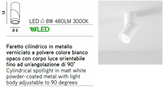 Faretto led orientabile metallo bianco 8w 3000k cilindro soffitto perenz illuminazione