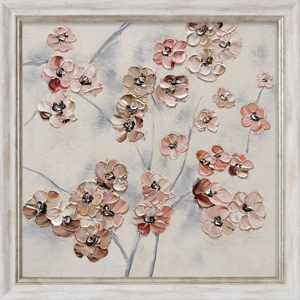 Quadretto dipinto mandorlo in fiore 34x34 pennellate a rilievo cornice legno