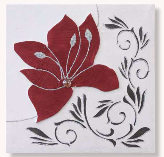 Quadretto artigianale 35x35 fiore rosso glitter argento decorativo