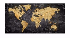 Quadro 100x50 nero oro moderno per soggiorno mappa del mondo stampa su ecopelle
