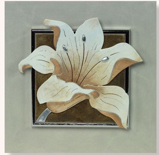 Quadretto calla fiore decori foglia argento artigianale marrone 35x35