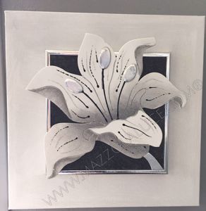 Quadretto moderno fiore grigio nero decoro argento 35x35cm