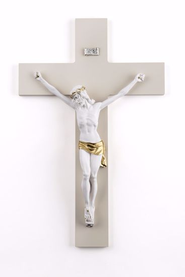 Crocifisso da parete 25x16 cristo marmorino bianco oro croce nocciola