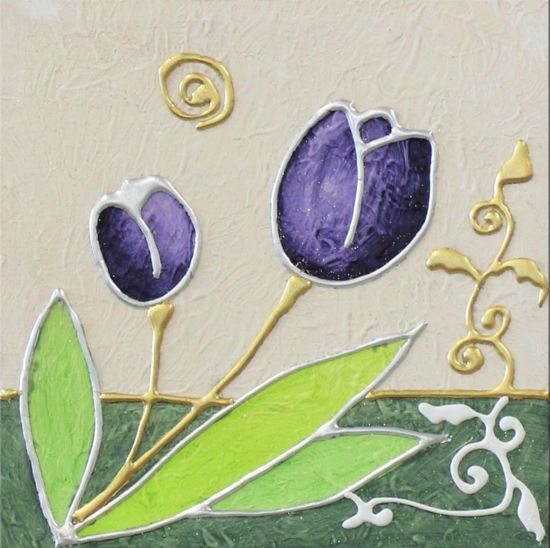 Quadretto moderno tulipani 35x35 viola dipinti a mano a rilievo