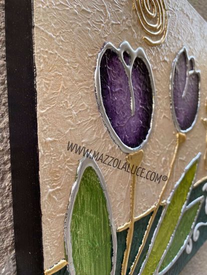 Quadretto moderno tulipani 35x35 viola dipinti a mano a rilievo