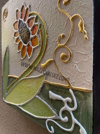 Quadretto girasole 35x35 floreale dipinto a mano decorazione a rilievo