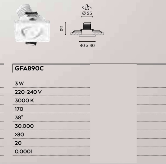 Faretto 3w 3000k 220-240v da incasso controsoffitto  orientabile quadrato bianco