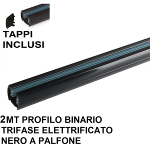 Binario plafone trifase 2mt per faretti led profilo alluminio nero