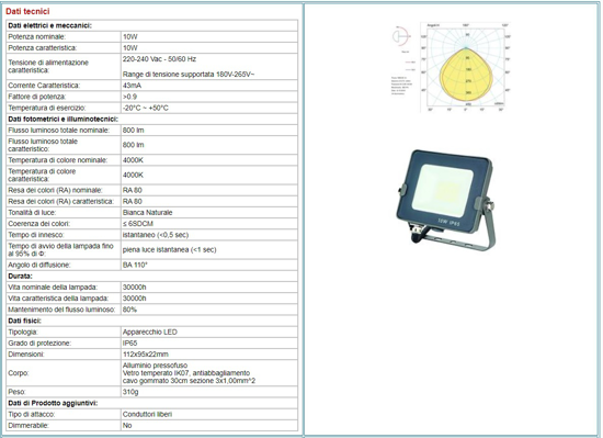 Faro proiettore per esterno led ip65 10w 4000k