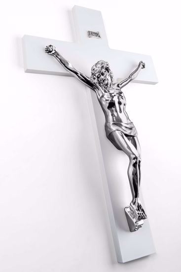 Crocifisso grande da parete 48x30 cm legno bianco cristo marmorino argento