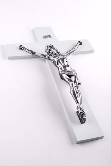 Crocifisso grande da parete 48x30 cm legno bianco cristo marmorino argento