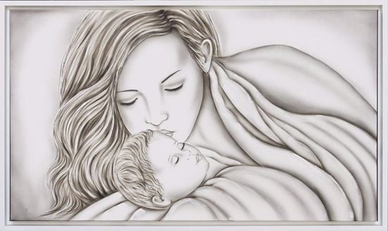 Capezzale maternita madonna con bambino moderna dipinto a mano cornice bianca 114x70