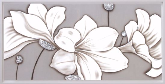 Quadro fiore elegante bianco argento dipinto a mano 137x70 cornice bianca