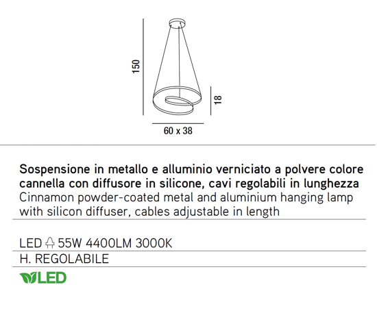 Lampadario moderno led 55w 3000k colore cannella ritmo perenz illuminazione