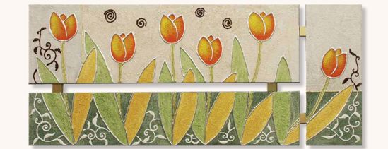 Quadro orange tulips 152x65 materico artigianale con decoro in oro e argento