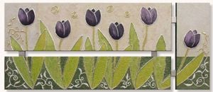 Quadro tulipani viola 152x65 dipinto a mano decoro oro e argento