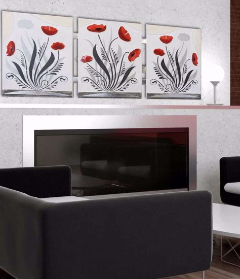 Quadri moderni soggiorno poppies field 155x65 glitter e foglia argento materico