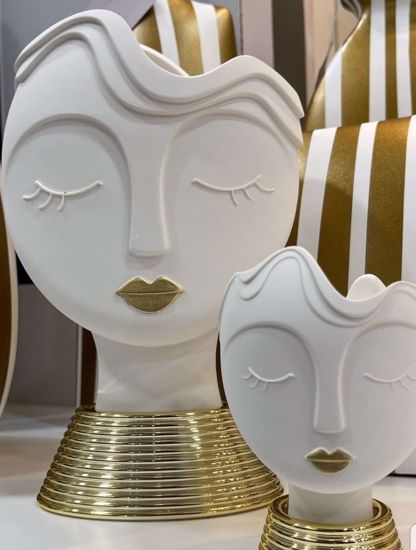 Scultura da tavolo moderna viso donna 39cm marmorino bianco oro design