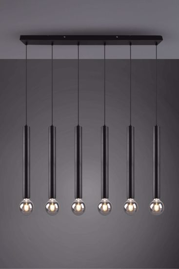 Lampada 6 luci a sospensione per grande tavolo da pranzo nera cilindri luce diffusa