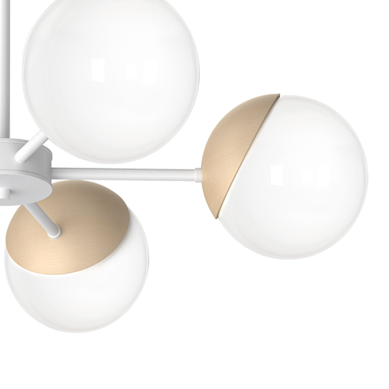 Lampadario design 5 luci bianco legno sfere vetro