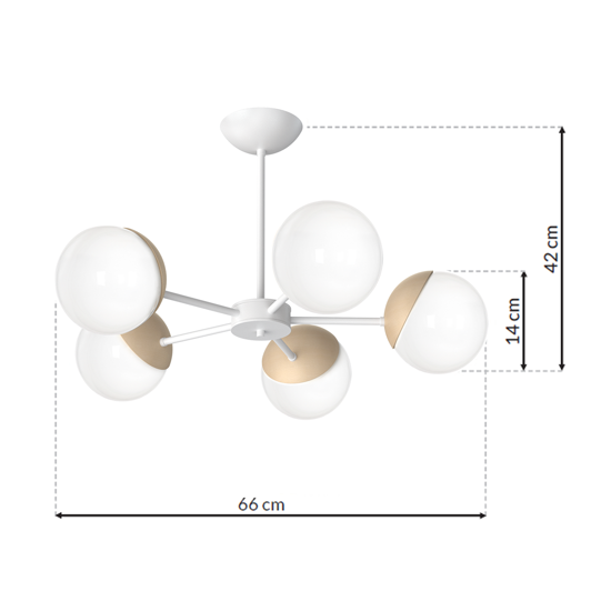 Lampadario design 5 luci bianco legno sfere vetro