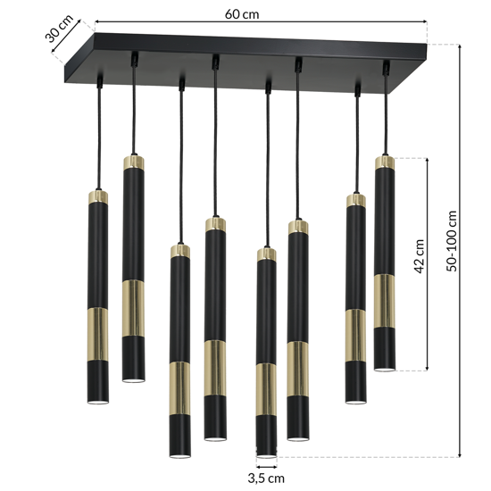 Lampadario per soggiorno cilindri nero oro 8 luci da tavolo contemporaneo