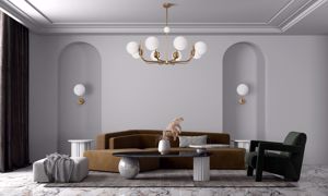 Grande lampadario per salotto stile contemporaneo oro ottone sfere vetro bianco
