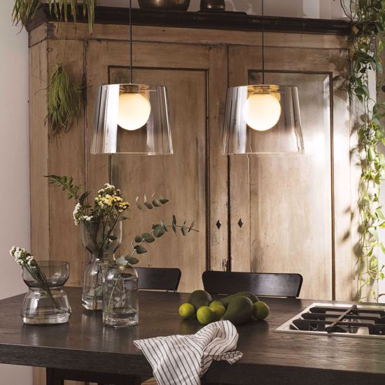 Ideal lux fade sp1 lampadario pendente cono vetro ambra trasparente per cucina moderna