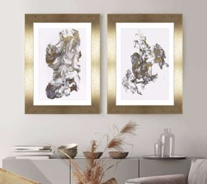 Coppia di quadri verticali astratti 63x83 per soggiorno cornice oro